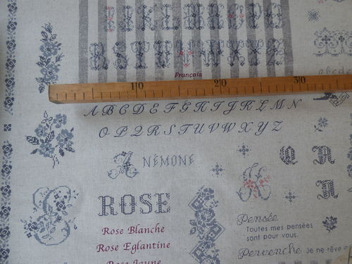 Coupon tissus Yuwa motif rose,ecriture tons bleu ref2
